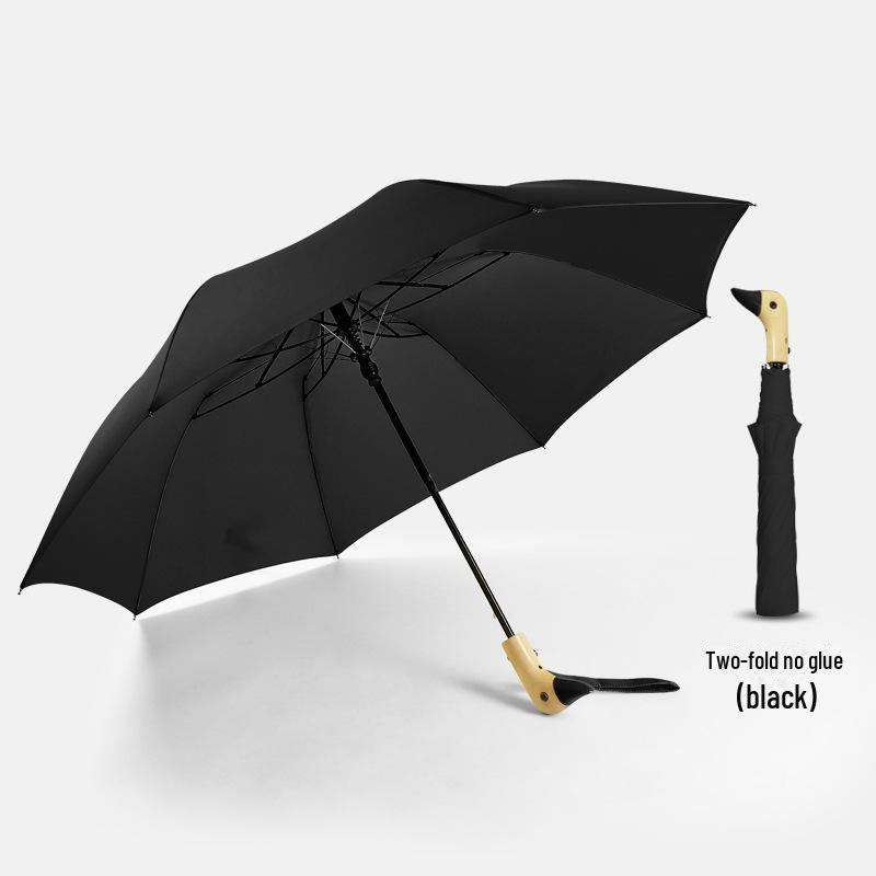 Мультяшный зонт «Утка»: Полуавтоматический, многоцветный, черный пластик, деревянная ручка, симпатичный дизайн в виде желтой утки