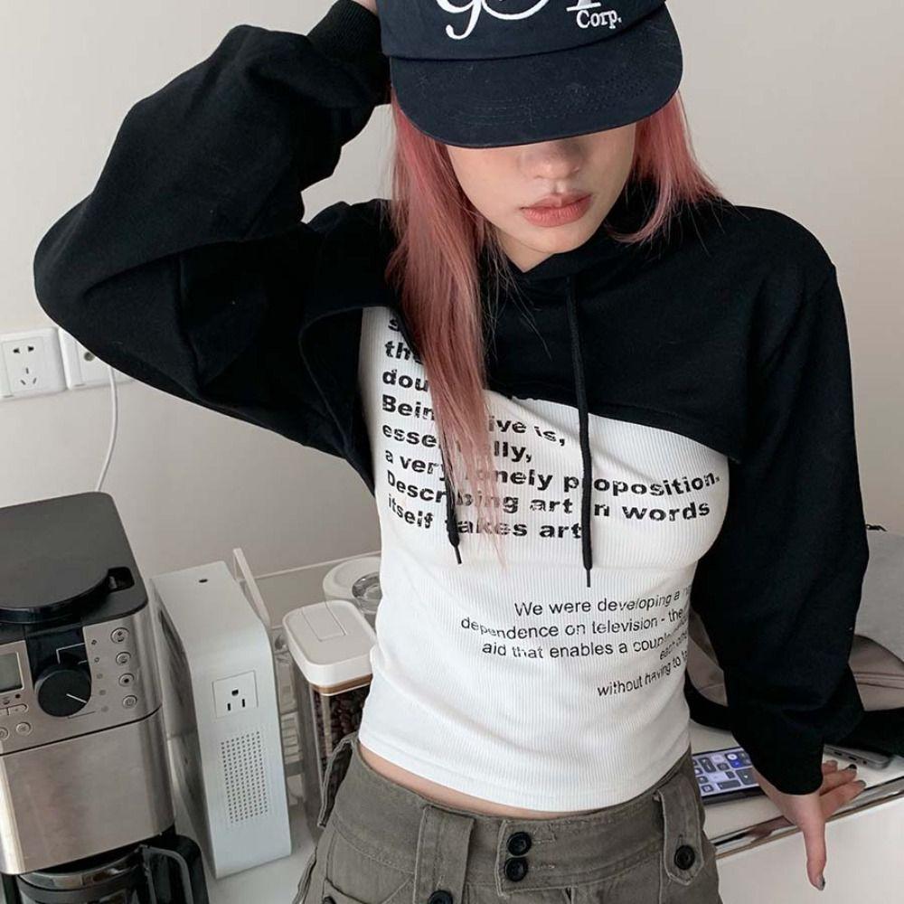 Лоскутный кроп-топ с длинным рукавом, ультракороткий пуловер с кулиской, женская толстовка, уличная одежда