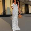 Women Sexy V-Neck Sleeveless Backless Polak Dot Print Sling Long Dress