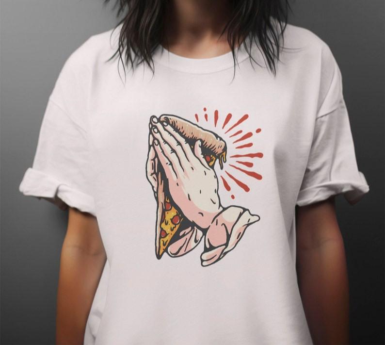 Funny Pizza T Shirt -Praying Hand Aesthetic Pizza Tee- Tumblr Unisex Tee