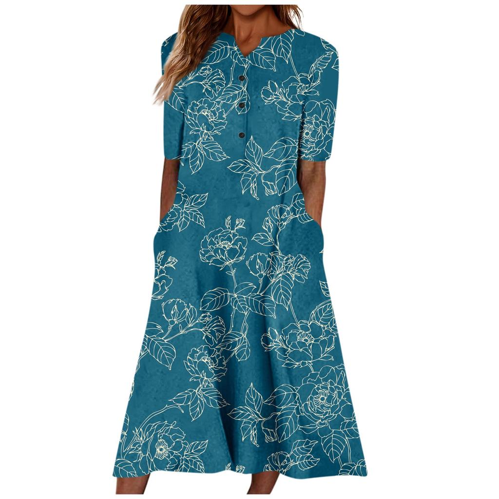 Women's Summer Casual Fashion Floral Printed Short Sleeve Button Pocket Dress