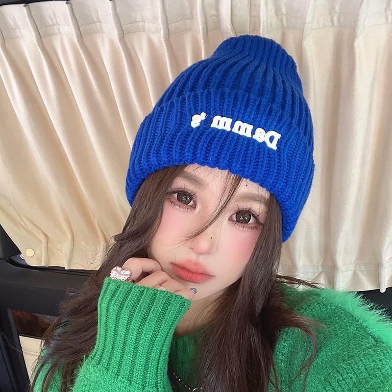 New Autumn and Winter Letter Offset Printing Wool Hat for Women Warm Ear Protection Knitted Hat Korean Style Pullover Hat Cold Hat Trendy