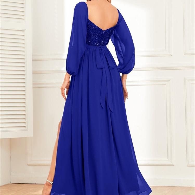 GMXIA Элегантное многофункциональное платье с одной линией плеч и высоким разрезом на шнуровке, лоскутное шифоновое платье с длинными рукавами и пайетками на подкладке