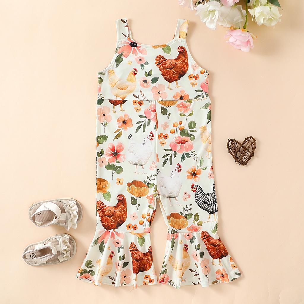 Little Girl Tank Romper Cute Sleeveless Buckle Rooster Flower Print Flare Leg Jumpsuit Baby Toddler Girl Overalls