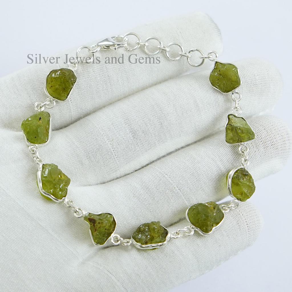 Raw Peridot Bracelet, Handmade 925 Sterling Silver, Women's Wedding Jewelry