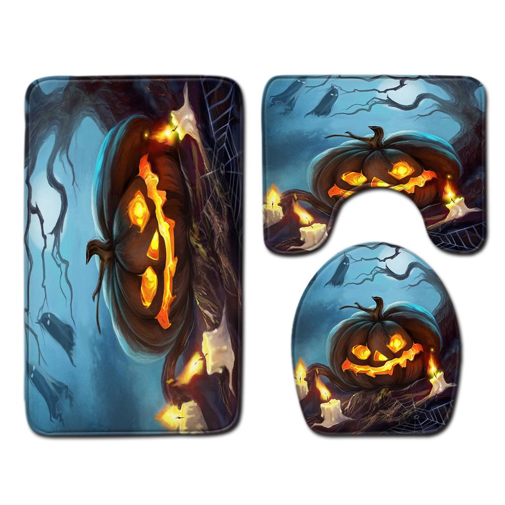 Halloween Shower Curtain Floor Mat Combination Four-Piece Set Bathroom Toilet Carpet Shower Room Foot Mat