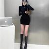 Сладкая Девушка-Специя Черное Платье с Длинным Рукавом Женское Осенне-Зимнее Новое Короткая Юбка с Поясом Стиль Чистого Желания Юбка-Область Бедер