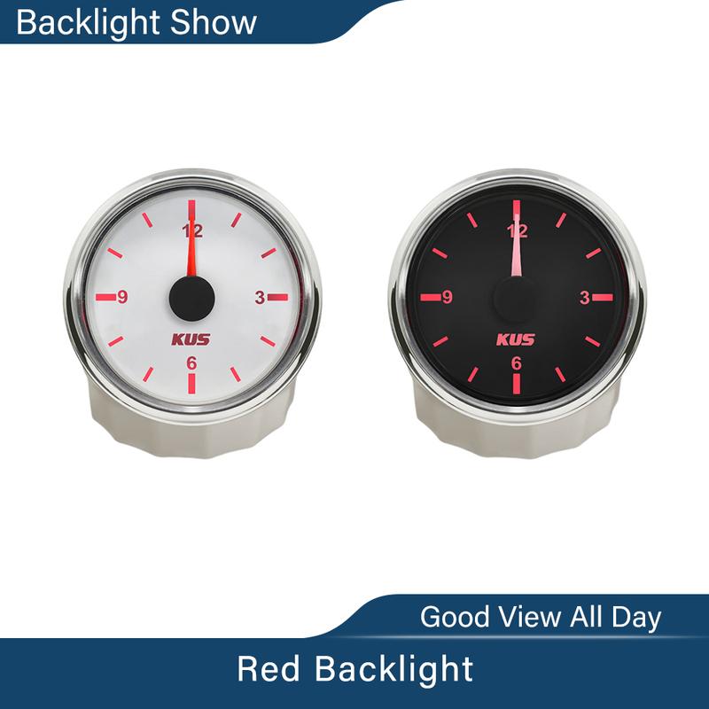 KUS Universal Car Boat Clock 12V 24V With Red Backlight 52mm Round Auto Yacht Accessories 12 Hour