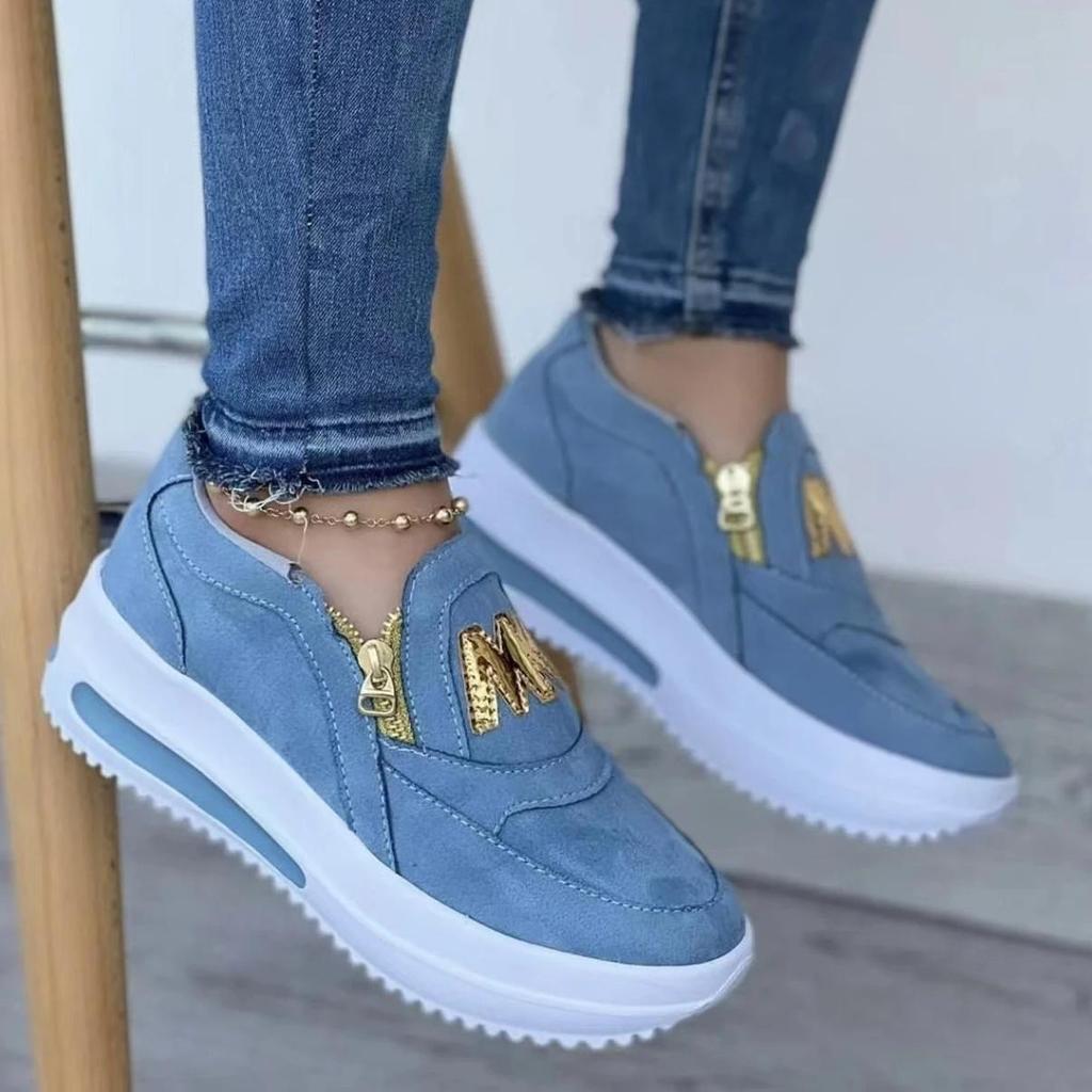 2025 Autumn 2024 New Large Size Sports Zipper Women's Single Shoes Flat Sole Solid Color Women's Casual Sports Shoes