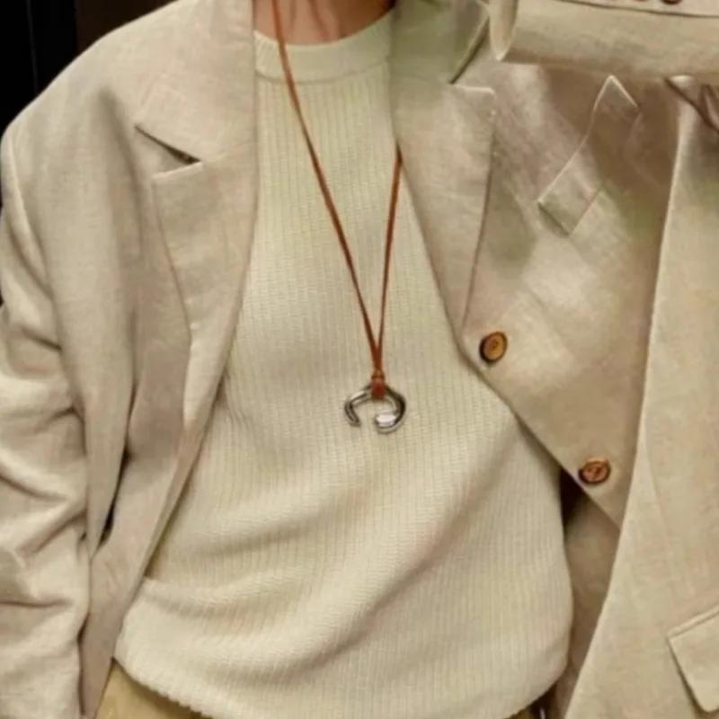 U-Shaped Horseshoe Metal Pendant Necklace Female Niche Design Coffee Colored Leather Rope Long Sweater Chain