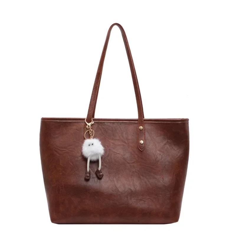 Solid Color Pu Zipper High-end Retro Shoulder Bag Women's  New Trendy Autumn Sewing Thread Large Capacity Tote Commuter Bag