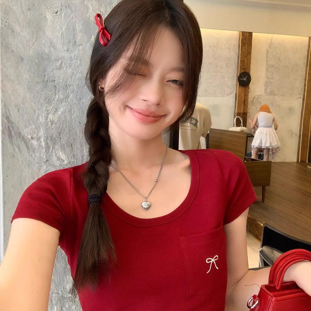 Lazy Wind Crew Neck Bow Embroidery Red Short Sleeve T-Shirt Women's Spring New Slim Sweet Spice Girl Shoulder Top