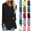 Women's Fashion Casual T-shirt Solid Color Long Sleeve V-neck Medium Long Top