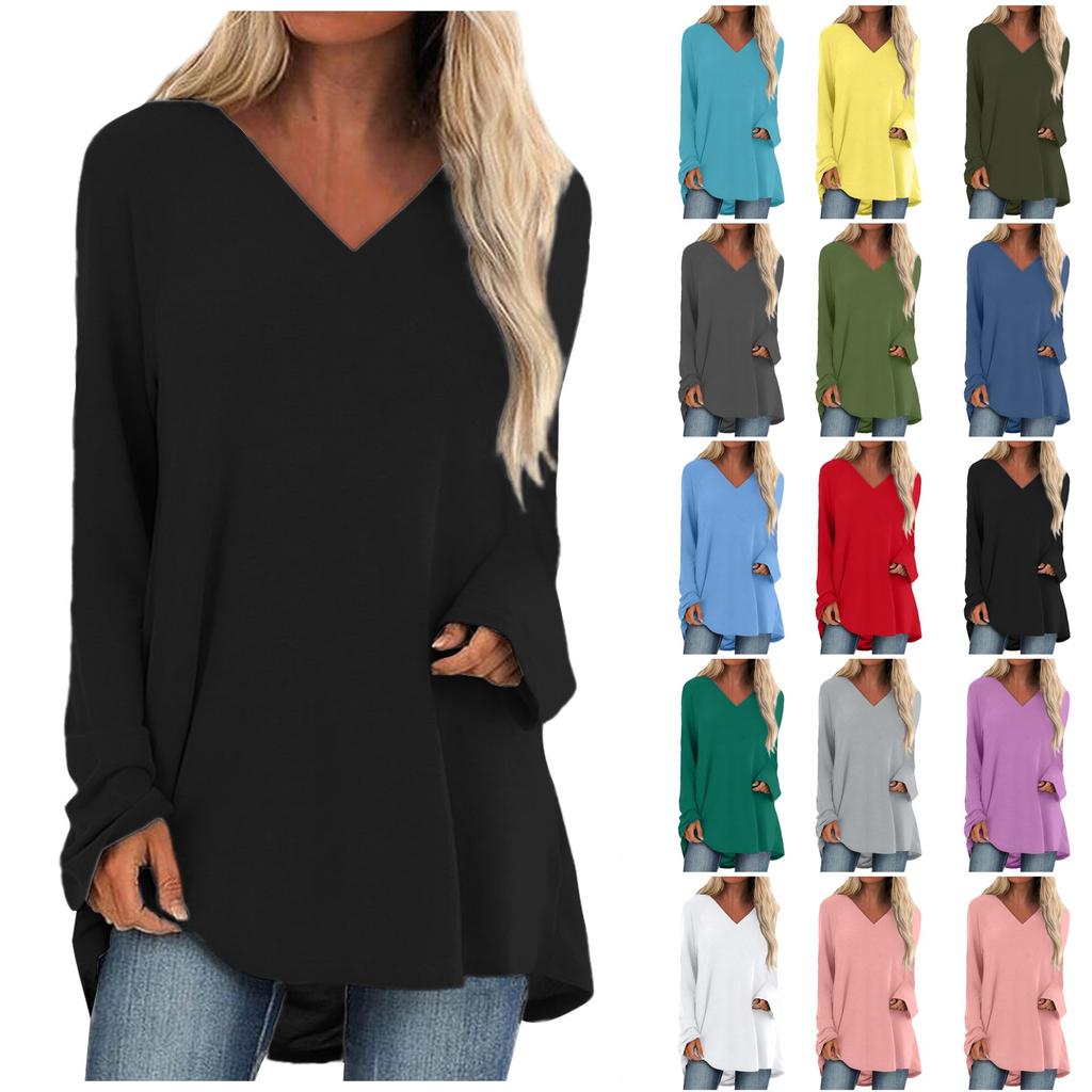 Women's Fashion Casual T-shirt Solid Color Long Sleeve V-neck Medium Long Top