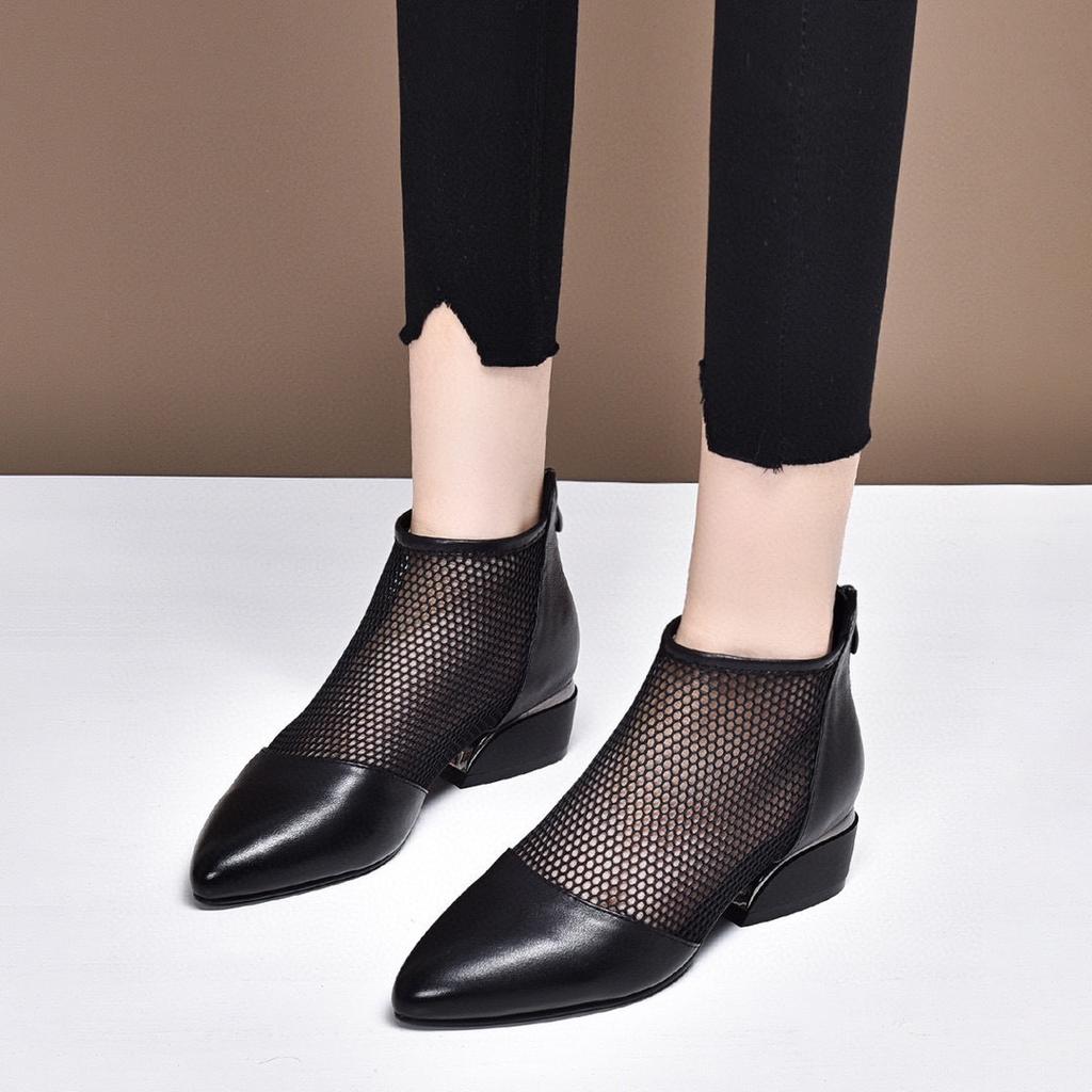 Pointed Women's Shoes 2025 Spring New European and American Style Black First-layer Cowhide Mesh Single Shoes Rear Zipper Women's Fashion Shoes