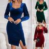 Spring Autumn Women Evening Dress Long Sleeves Slim Fit Pure Color Split Hem