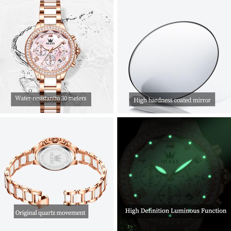 Ladies' Three Eye Timing Quartz Watch Diamond Inlaid Bezel Ceramic Strap Waterproof Luminous Women's Light Luxury Watch