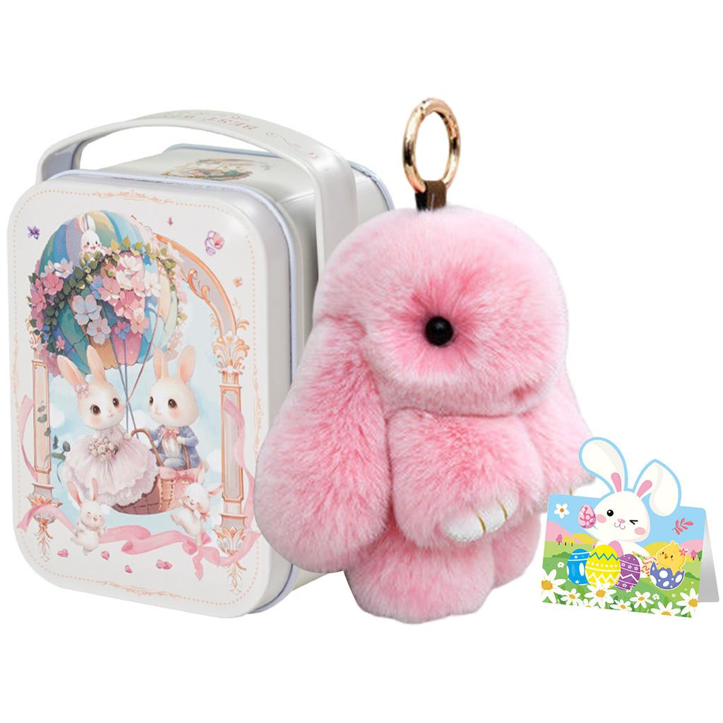 Bunny Lucky Keychains with Tin Box & Best Wishes Card Bunny Cute Plush Keychain for Bags Backpacks Rabbit Charm Easter Gifts