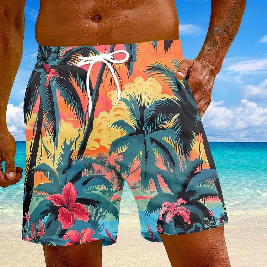 Men's Fashion Hawaiian Print Elastic-Waisted Casual Yoga Pants Beach Shorts