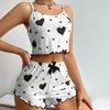 2 Pcs/Set Women Summer Pajamas Suit Adjustable Strap Sleeveless Heart Print Crop Top Shirring Edge High Waist Shorts Bedroom Sleepwear Set