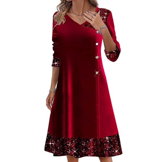 Fall Winter Women Dress Shiny Sequin Patchwork V Neck A-line Big Swing Long Sleeve Button Decor Solid Color Soft Warm Mid-calf Length Lady Midi Dress