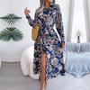 Women Spring Summer Retro Floral Collar Long Sleeve Tie Up Shirt Dress