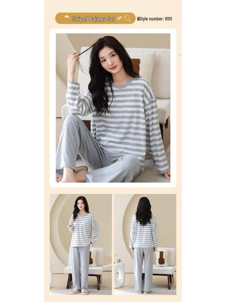 Женская осенняя пижама с круглым вырезом, в полоску, с длинным рукавом и нагрудными вкладышами - Повседневный комплект больших размеров для дома и улицы