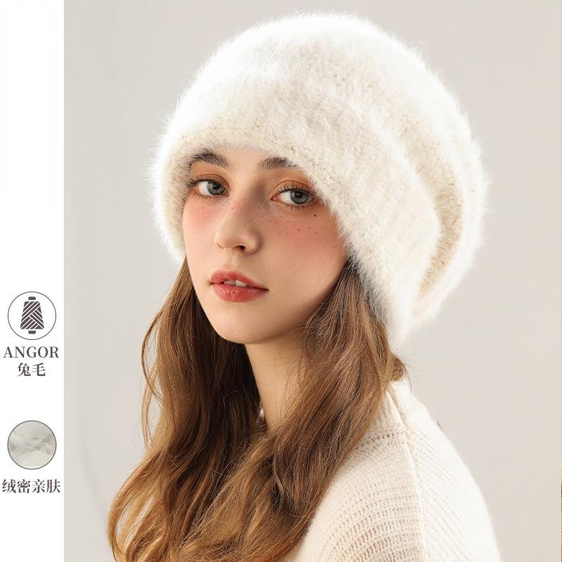 Female autumn and winter rabbit fur hat white warm thickened large head circumference showing face small plush knitted ear protector wool hat
