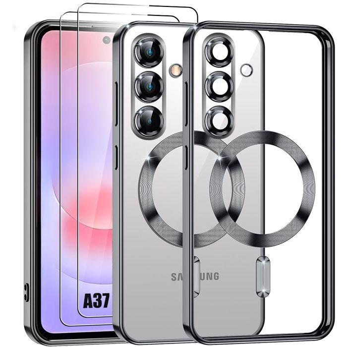 Coque pour Samsung Galaxy A37 5G, Silicone Souple avec Cercle Magnétique - Noir - 2 Verres Trempés