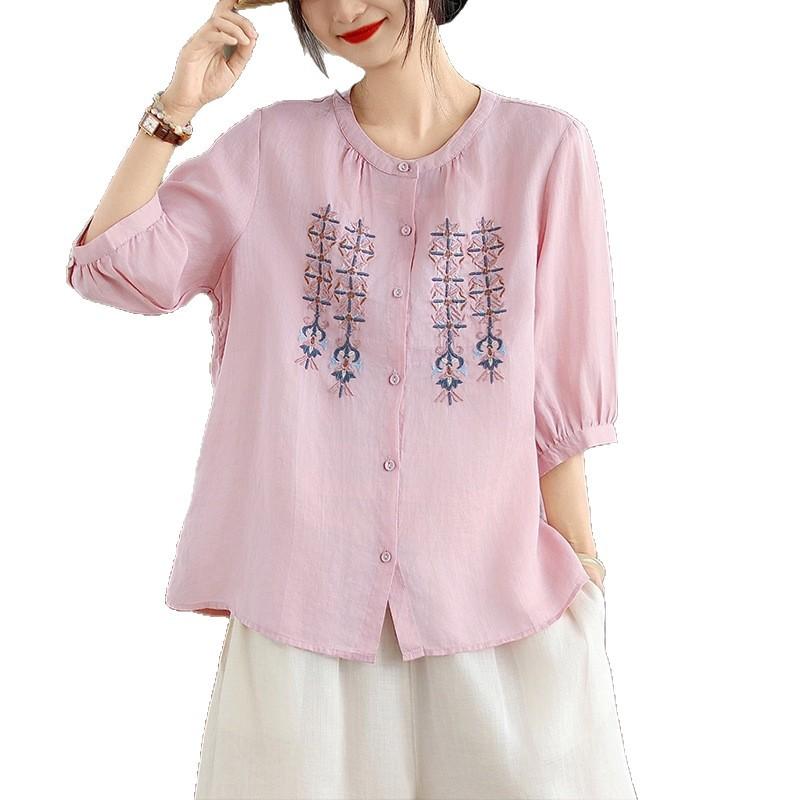 2025 лето новый большой размер тяжелая промышленность вышитая хлопково-льняная рубашка женственность воротник-стойка рубашка вышитый тонкий топ лето