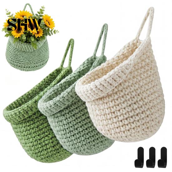 Space Saving Wall Decor 3PCS Woven Hanging Storage Bag, Natural Cotton Rope Fruit Baskets, Handmade Crochet Plant Pocket Boho Multi-functional Basket