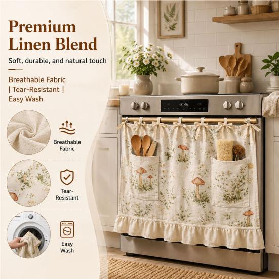 Functional Window Dressing Oven Curtain with Pockets, Dustproof Durable Polyester Hanging Drape, Dust Proof Kitchen Drapes Easy Wash Decorative Shade