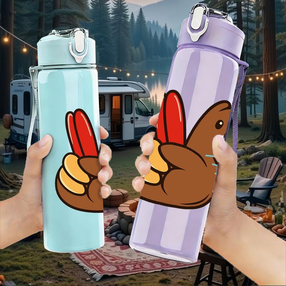 1PC Thanksgiving Turkey Cartoon 750ml Color Plastic Sports Water Bottle Leakproof Flip Straw Lid Suitable for Sports Office Home Use