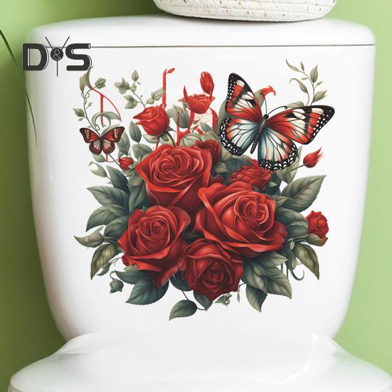 Наклейка на унитаз с бабочками и цветком розы, съемная водонепроницаемая наклейка из ПВХ для гостиной, ванной комнаты, стены искусства, цветочная крышка для унитаза, украшение на день Святого Валентина