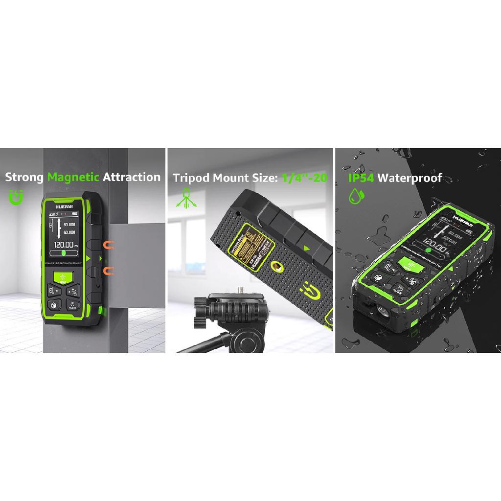 Huepar Dual Laser Rangefinder 120M/200M Green Beam Digital Laser Meter Multiple Unit Measurement Tool With Backlit LCD display