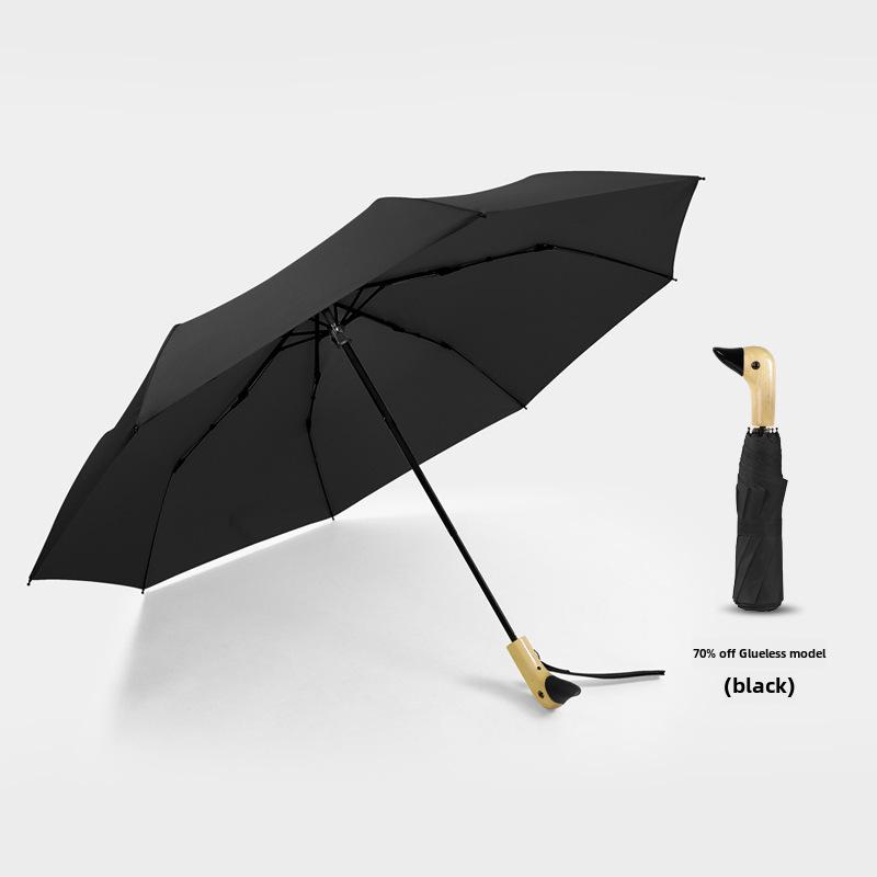 Зонт «Утиная голова» с тремя сгибами: Креативная деревянная ручка, двойное назначение: для солнца и дождя, милый дизайн в виде черной утки для женщин