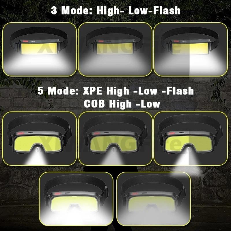 3PCS Powerful COB LED Headlamp Type-c Rechargeable Head Flashlight Built-in Battery Outdoor Fishing Camping Lantern Waterproof Torch