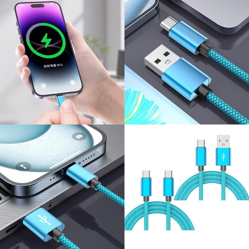 Плетеные кабели для зарядки телефона USB C Быстрая зарядка 3A Power Delivery 100 Вт 480 Мбит/с Передача данных для нескольких устройств
