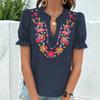 Женская летняя блузка с короткими рукавами, V-образным вырезом, вышивкой, повседневная, пуловер, рубашка, топ с оборками