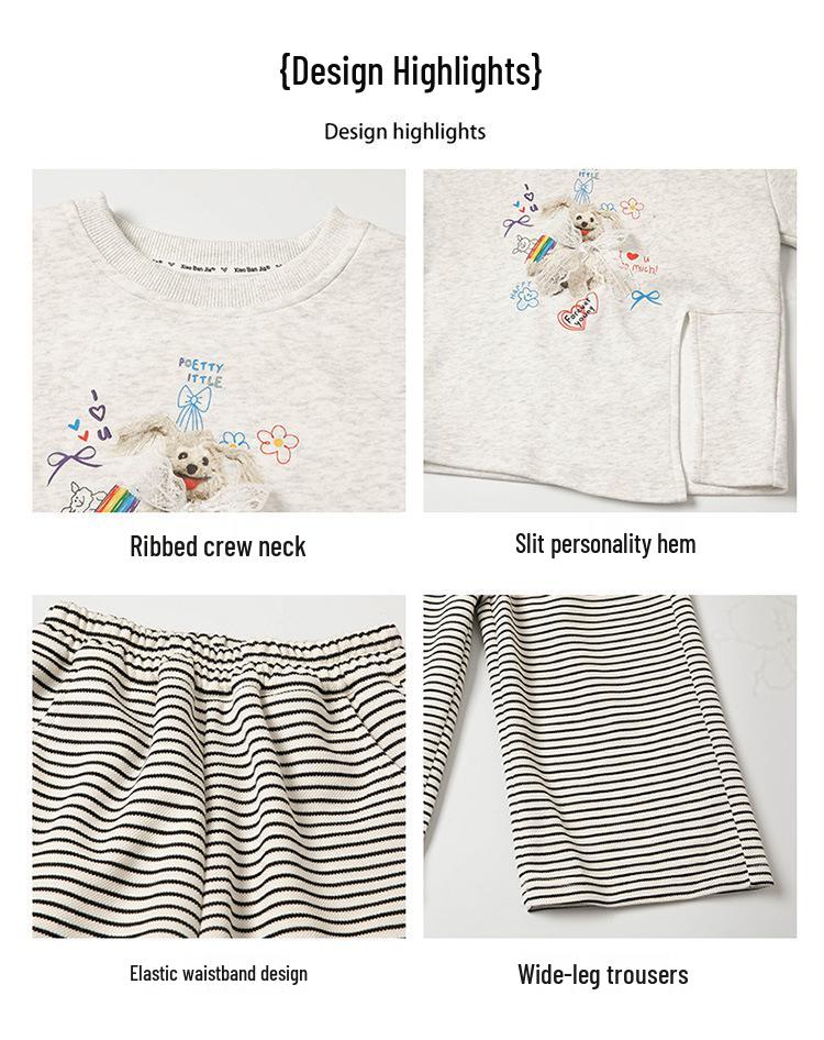 Осень 2025 Комплект для девочек свитшот и спортивные штаны с цветными блоками - Полосатый костюм-двойка с длинным рукавом