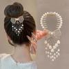 Lady Ponytail Claw Shiny Rhinestone Faux Pearl Long Tassel Flower Multi Teeth Stainless Hair Decoration Lightweight Bridal Hair Bun Clipper