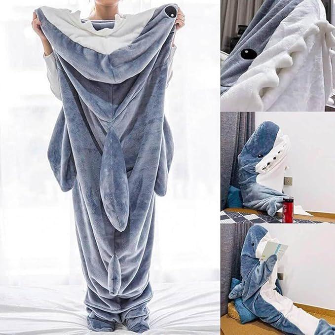 Cartoon Shark Onesie – Flannel Sleeping Bag Wearable Blanket for Adults, Cozy Loungewear for Home & Outdoors less