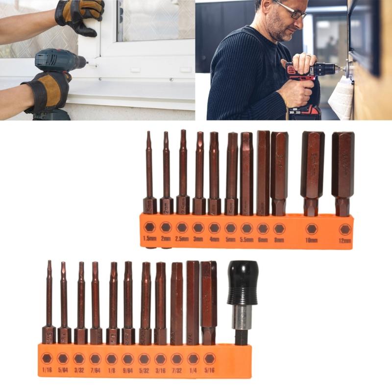 23Pcs Hex Head Allen Wrenches Drill Bit Set Steel Magnetic Tip Hex Bit Set 60mm Long 1.5/2/2.5/3/4/5/5.5/6/8/10/12mm