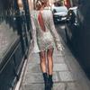Women Dress Shiny Sequin Hollow Out Back Long Sleeve Loose Round Neck Split Cuff Sheath Individual Streetwear Club Party Dance Mini Dress