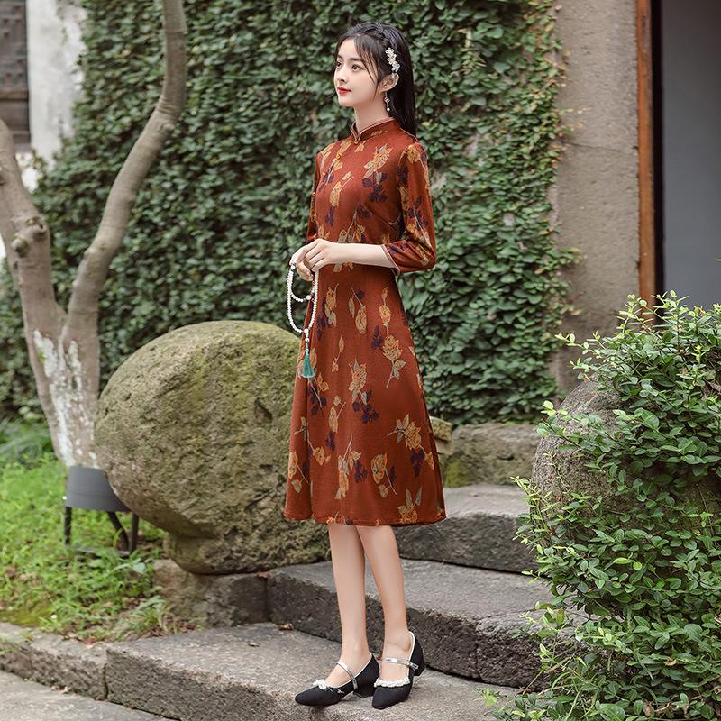 1011 Improved concubine mink new seven-quarter-sleeved medium and long daily cheongsam Chinese style large-size mother dress