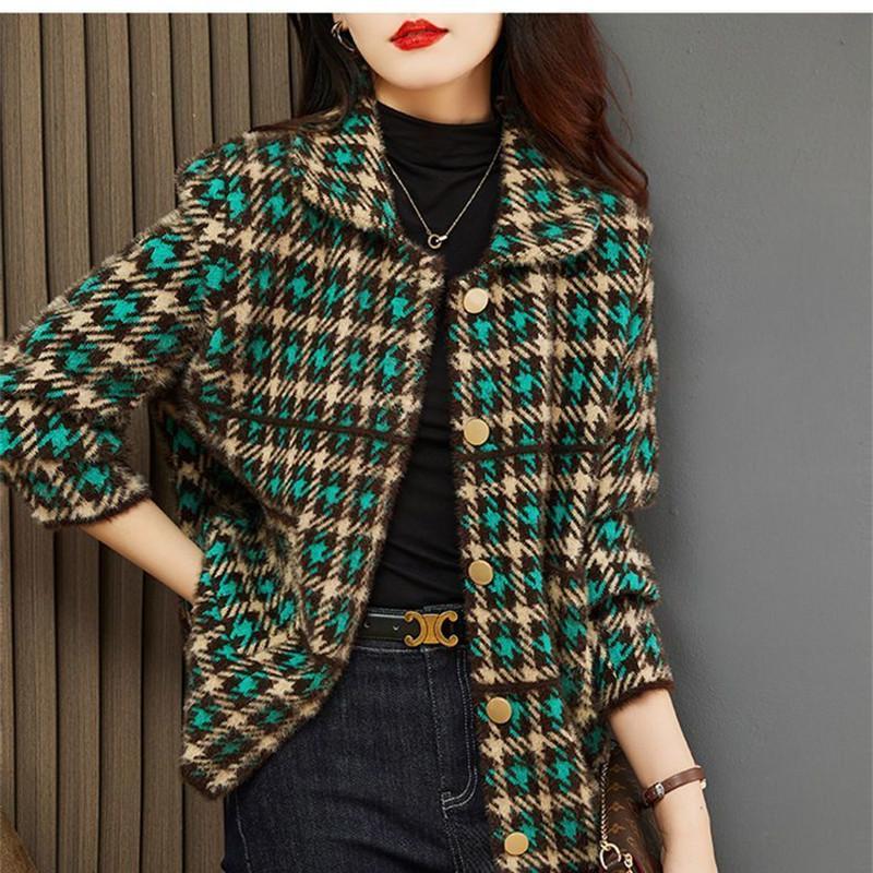 Весенне-осенняя высококлассная верхняя одежда из искусственного норкового бархата, утепленная свободная куртка, вязаное модное женское пальто с решетчатыми лацканами