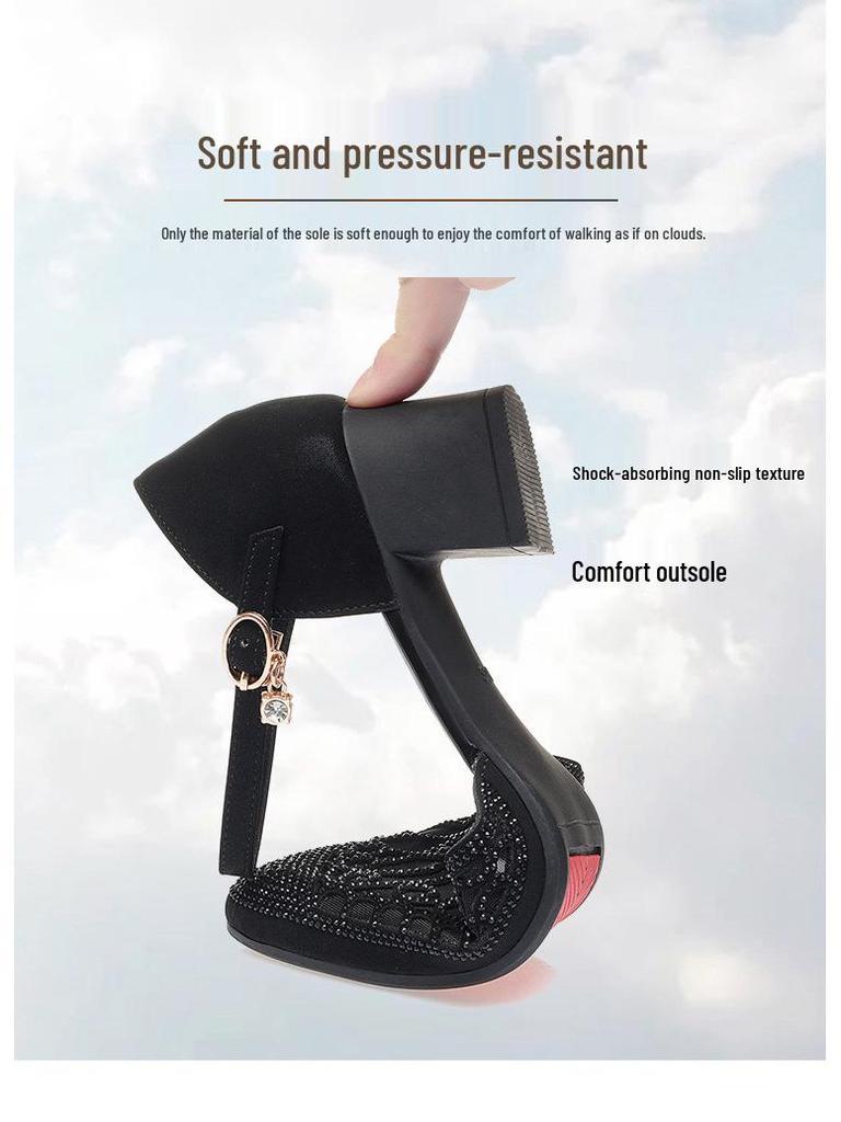 Gold Chunky Heel Mesh Sandals for Women - 2022 Summer Style, One-Strap, Hollowed Design for Middle-Aged Women