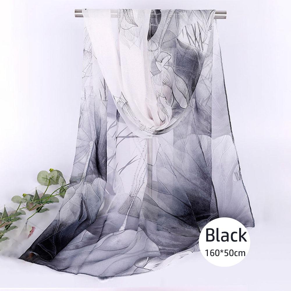 Fashion Floral Printing Silk Scarf Smooth Breathable Women Foulard Lotus Leaf Long Wraps Women