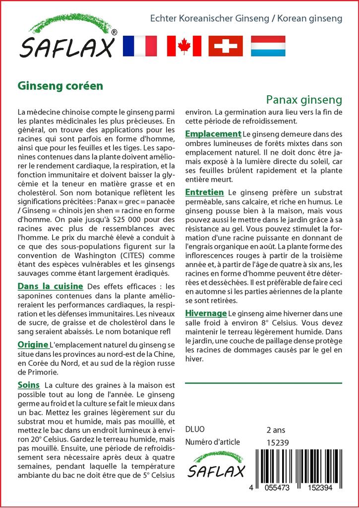 SAFLAX Garden in the Bag - Корейский женьшень - 10 семян - С субстратом в подходящем пакете-стойке - Женьшень Panax