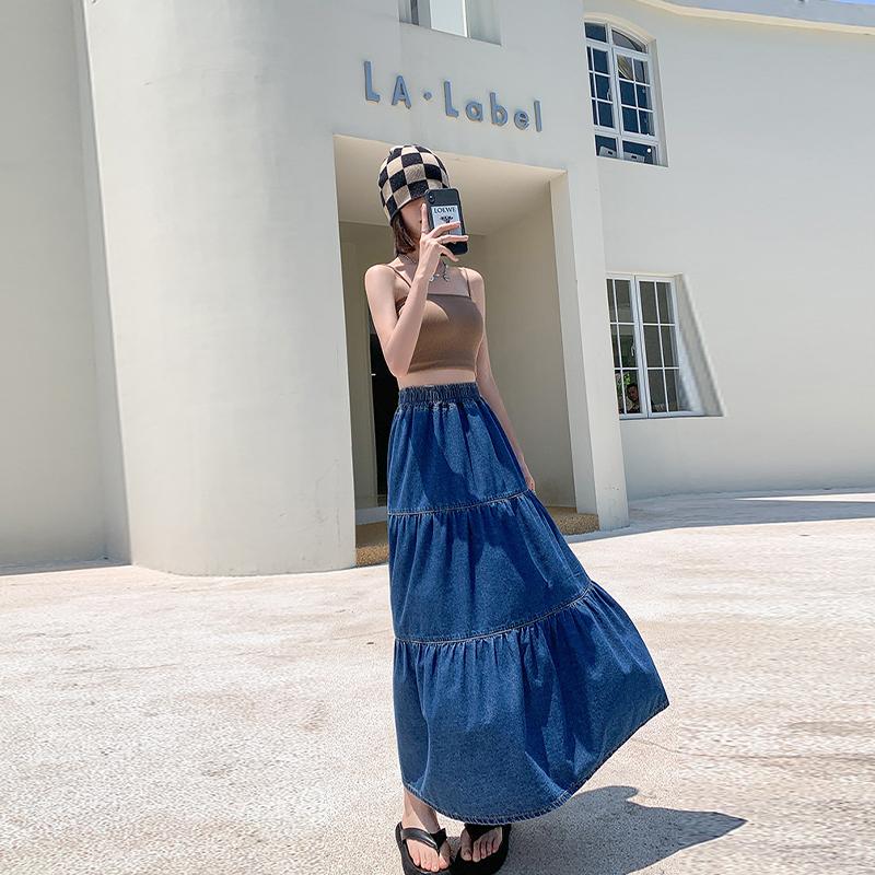 Cake Denim Skirt Women's Elastic High Waisted Solid Color A-line Skirt Commuting Harajuku Style 2025 Spring New Fashion